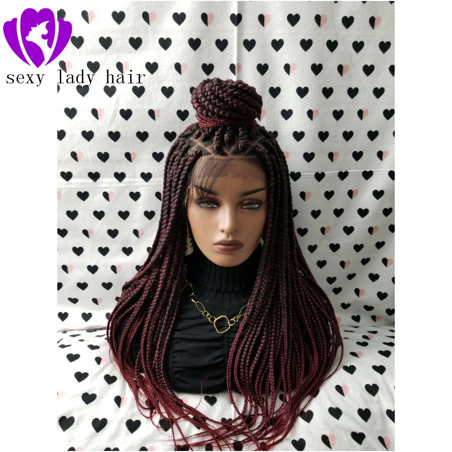 Free part ombre red color Braided Box Braids Lace Frontal Wig Heat Resistant Hair Long Natural full Braided Wigs For Black Women 83