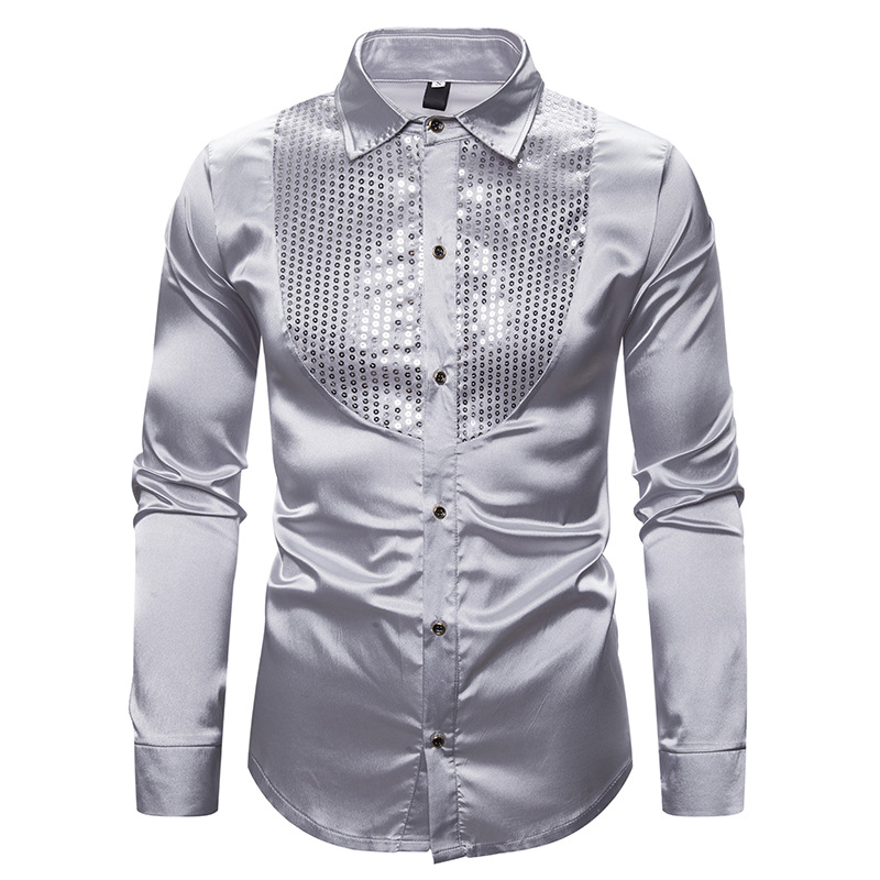 Fashion Men's Sequins Shirts 2020 Brand New Slim Fit Long Silk Shirt Men Nightclub Disco Dance Party Stage Prom Custume Chemise