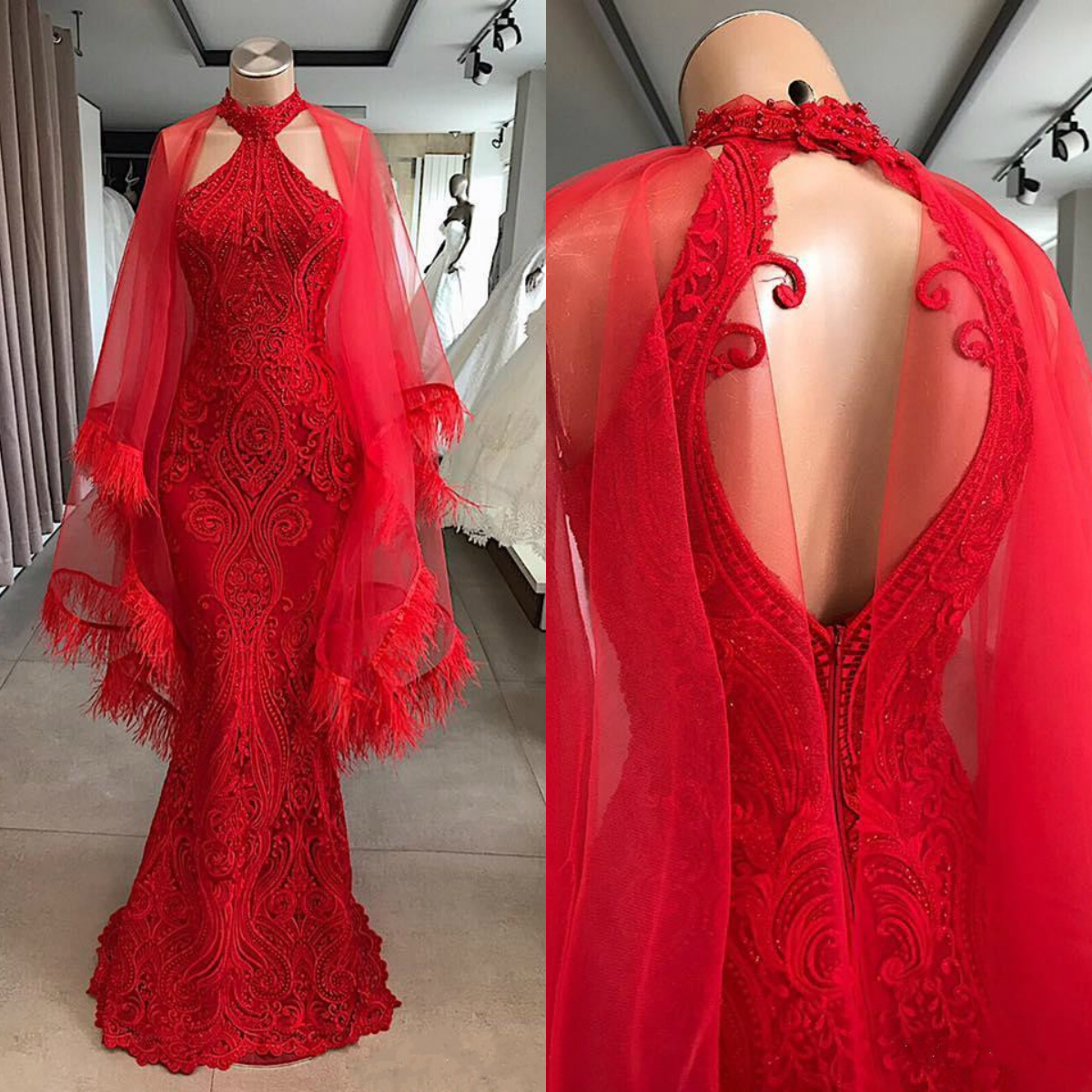 African Red Feather Mermaid Prom Dresses With Wrap High Neck Lace Appliqued Beads Party Gowns Vestidos Special Occasion Dresses Evening Wear