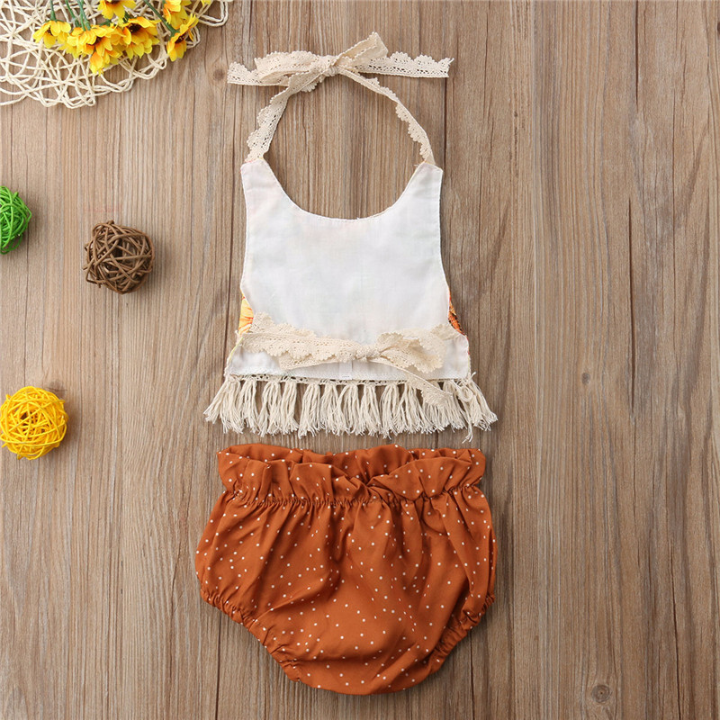 Sleeveless Summer Cute Sunflower Girl Clothing Tassel Backless Top Dot Short Outfits 2PCs Newborn Baby Girls Clothes Set