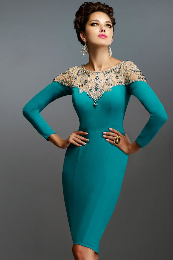 Elegant Janique Sheath Mother of The Bride Dresses Jewel Long Sleeve Crystal Wedding Guest Dress Knee Length Evening Gowns