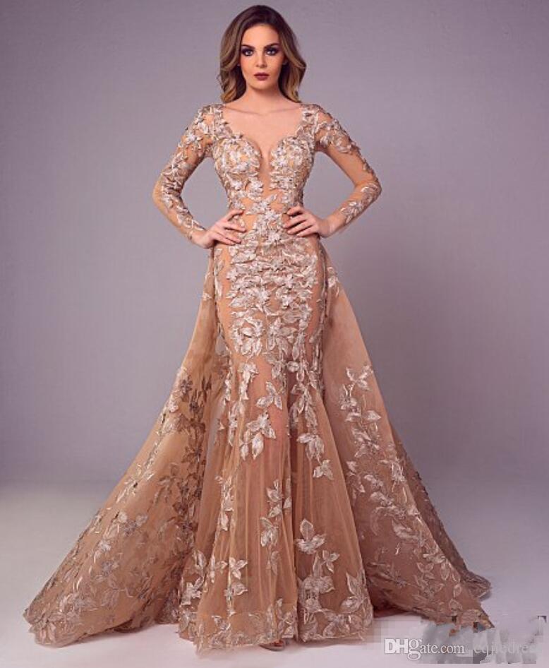 2019 Mermaid Champagne Evening Dresses With Overskirt Long Sleeves Prom Dresses Lace Applique Illusion Plus Size Formal Party Dress