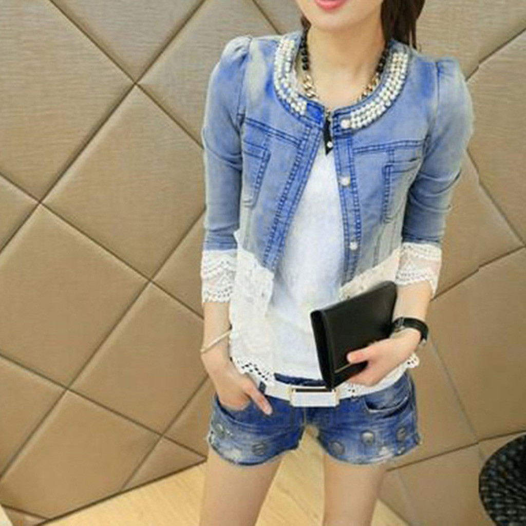 Autumn Winter Female Women Casual Lace Half Sleeve Denim Jacket Long Jean Coat Bead Outwear Overcoat #917G CY200515
