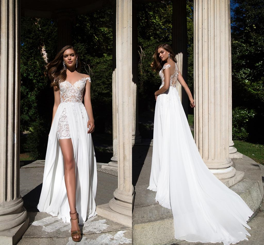 Illusion Bodice Lace Short Wedding Dress with Chiffon Overskirt High Split Cap Sleeve Sheer Back Bridal Gowns 2020 Summer, Yellow
Illusion Bodice Lace Short Wedding Dress with Chiffon Overskirt High Split Cap Sleeve Sheer Back Bridal Gowns 2020 Summer, Yellow