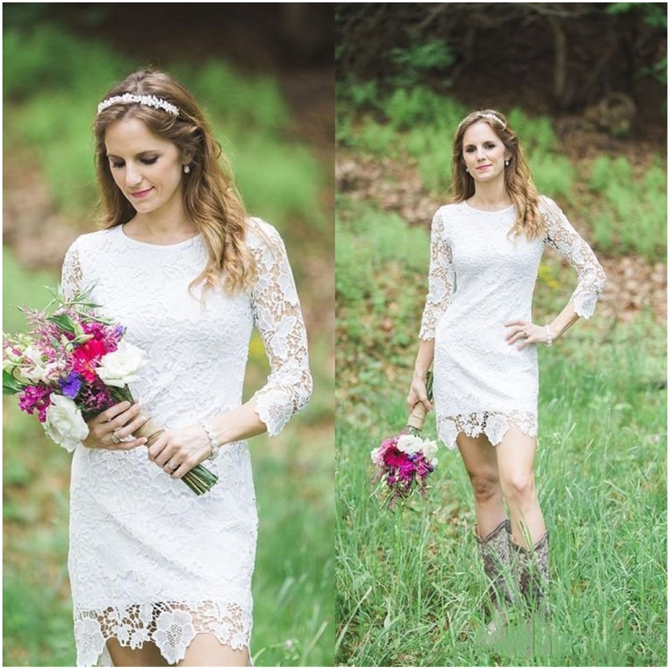 2020 NEW Elegant Full Lace short With Long sleeves Knee Length Country Garden Bridal gown Prom Dresses Free Shipping