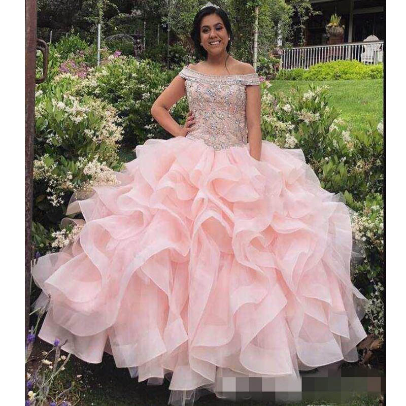 Pink Ruffles Quinceanera Dresses Luxury Beaded Off the Shoulder Custom Made Sweet 16 Birthday Party Pageant Ball Gown Formal Evening Wear