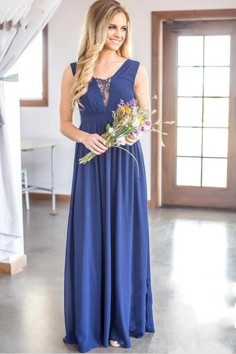 New Dark Navy Cheap Chiffon Bridesmaid A Line Floor Length Pleats V Back Maid Of Honor Dresses Custom Made 112 0510