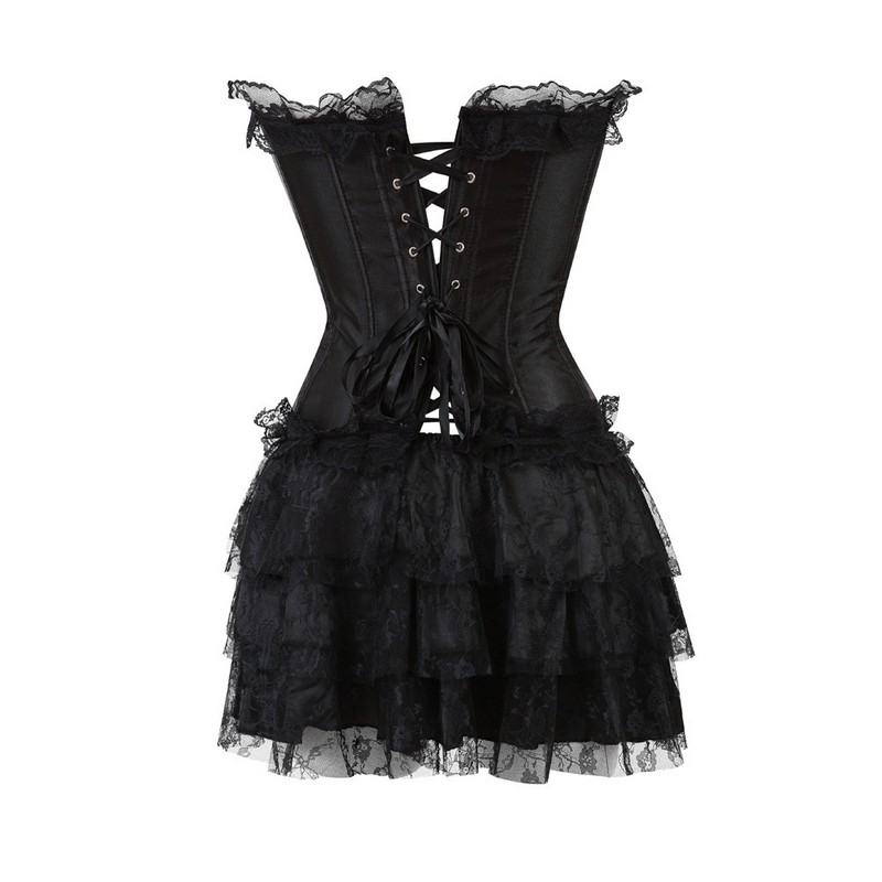 Women Burlesque Plus Size S-6XL Black Overbust Corset Lingerie Top Body Shaper Sexy Lace Up Plastic Boned Corselet with Ruffle Lace Trim