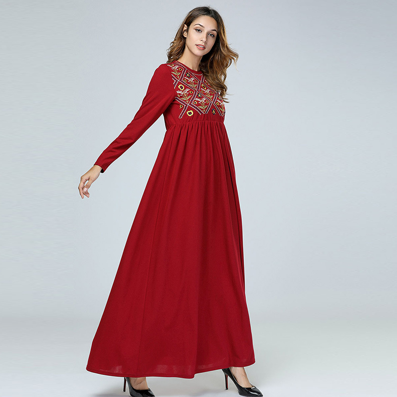 Middle East Afghani Abaya Dubai Red Muslim Dress Flowers Embroidery Kaftan Robe Turkish Islamic Plus Size Clothing Long Dresses