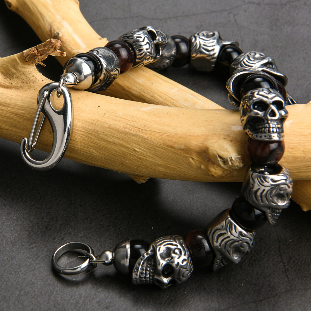 Vintage Stainless Steel Skull Beads Bracelet Men 8MM Natural Stone Mens Beaded Bracelets 2019 Hip-Hop Rock Best Friends Jewelry T200323