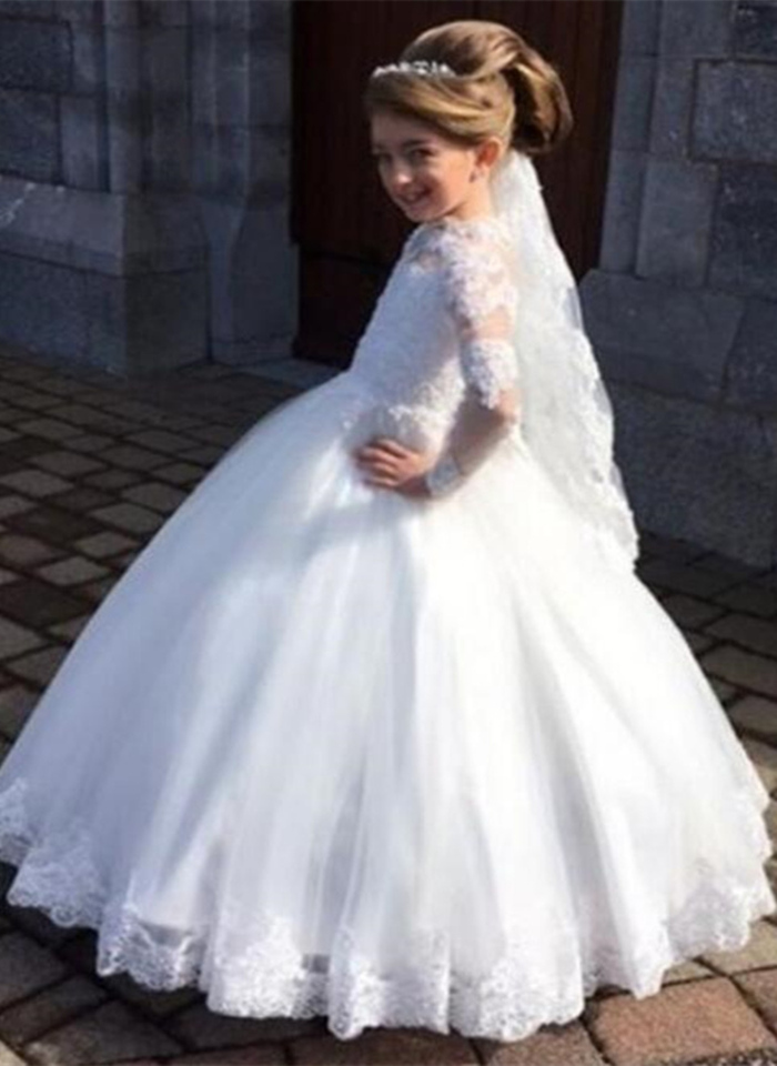 2020 Elegant Girls pageant Dresses white High Neck Long Sleeves Lace applique for wedding Gown first communion floor length princess dress