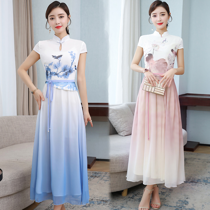 Modern Women retro pattern Printed cheongsam short Sleeve Traditional Qipao oriental gown Asia ethnic clothing elegant dress