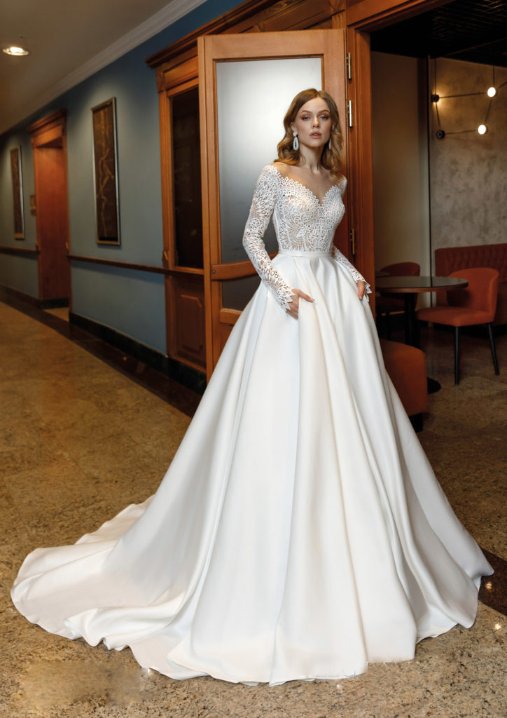 Quality High Lace Wedding Dresses Sheer Bateau Neck Long Sleeves Bridal Gowns A E Sweep Train Satin Robe De Mari E