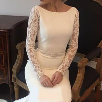 Gorgeous Mermaid Long Sleeve Wedding Dresses Lace Stain Long Sweep Train Jewel Neck Bridal Dress For Women Custom Made