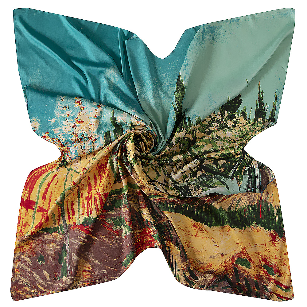 Van Gogh Large Size Silk Square Scarf Forest Oil Painting Neckerchief Bandana Women Hijab Headwear Shawl Vintage Handmade Scarves 130*130 Cm