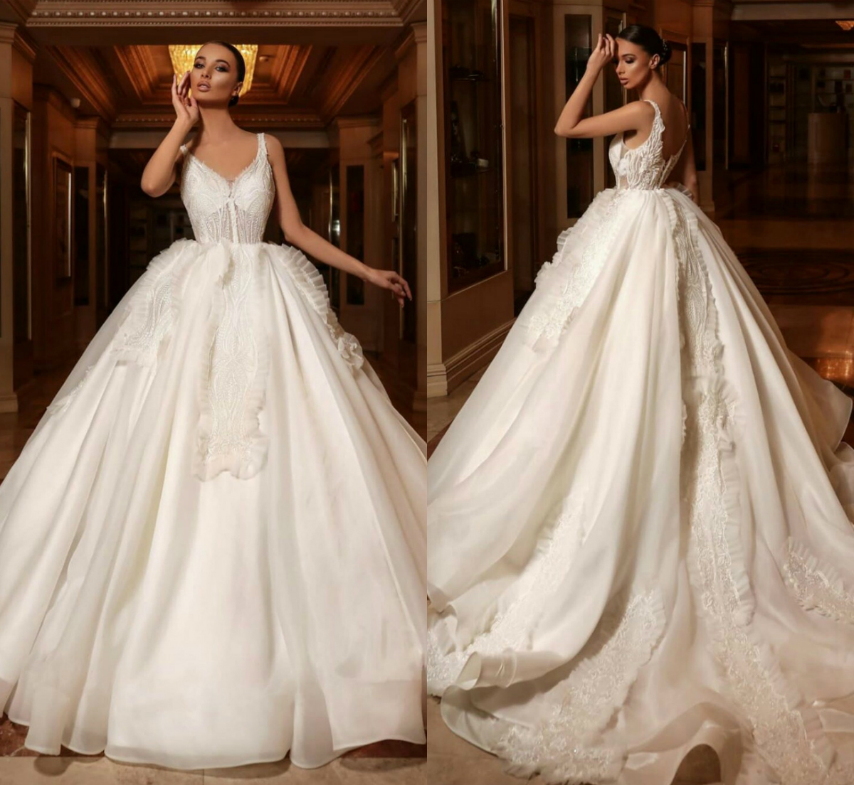Luxury Arabic Wedding Dresses V Neck Ruffles Appliques Sweep Train Plus Size Wedding Dress Bridal Gowns Elegant Robes De Mariée