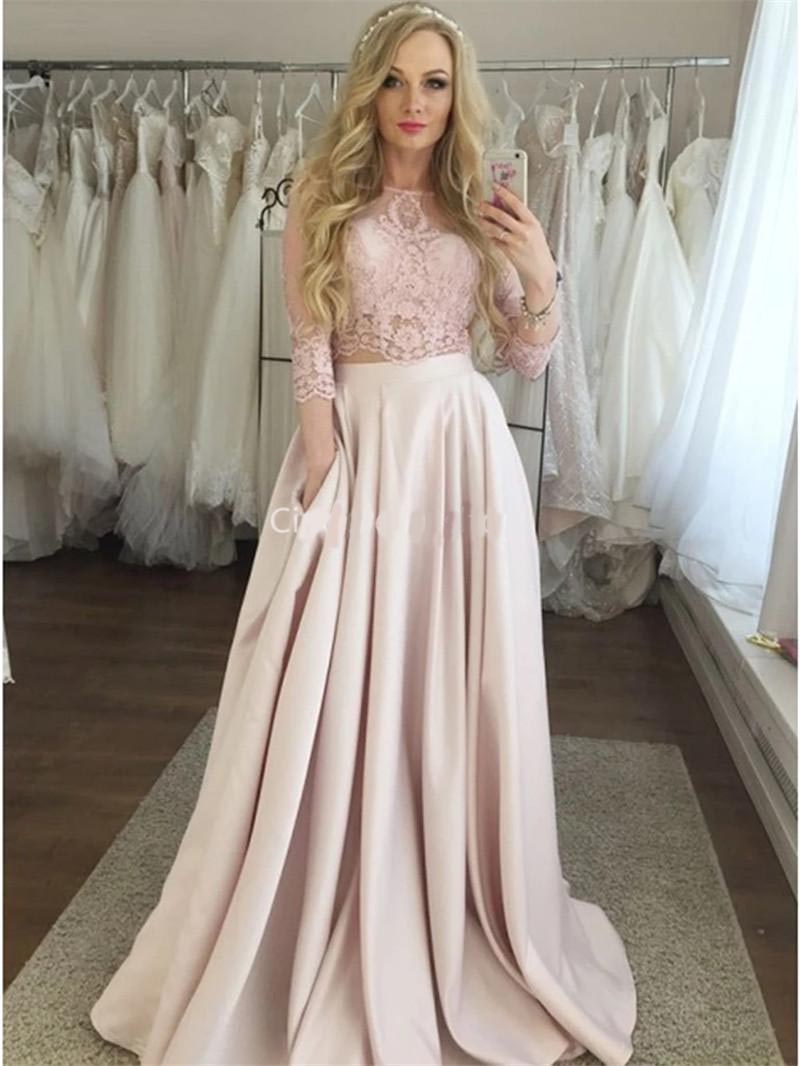 Two Pieces Lace Prom Dresses 2020 Long Sleeves Scoop Illusion Girls Graduation Evening Gowns With Pockets Robes De Soriee