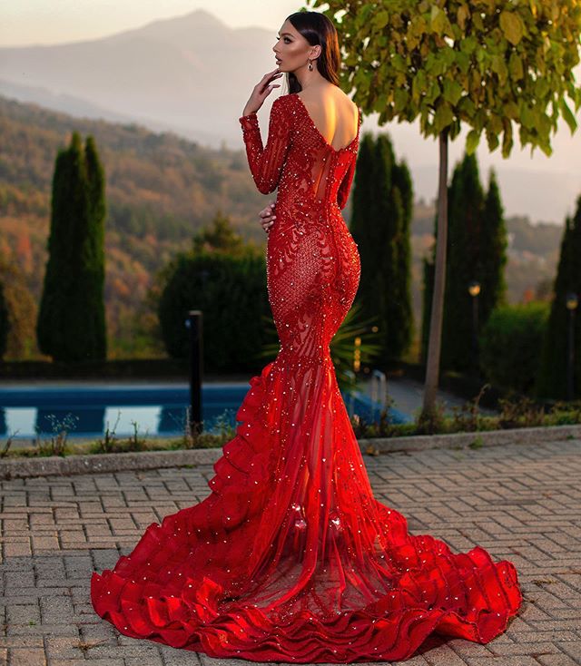 2020 Arabic Red Mermaid Prom Dress Pearls Beads Ruffles Long Sleeve Evening Gowns Party Wear Vestidos Robe De Soiree Abendkleider