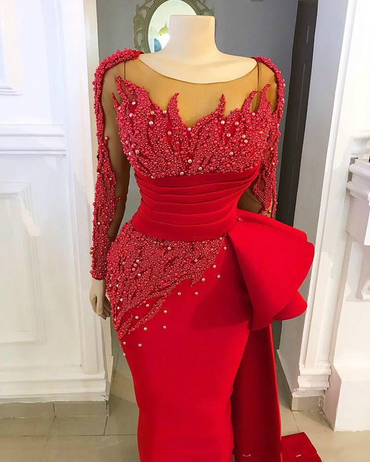 Perals Embroidery Red Mermaid Evening Dresses With Long Train Gorgeous Long Sleeve Party Gowns Special Occassion Dress Abendkleider