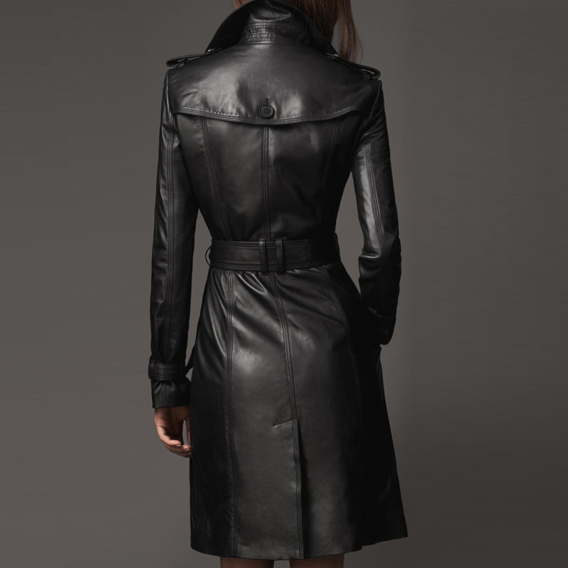 Black Faux Leather Long Jacket Women Casual Double Breasted Windbreaker Fall Fashion Coat B4