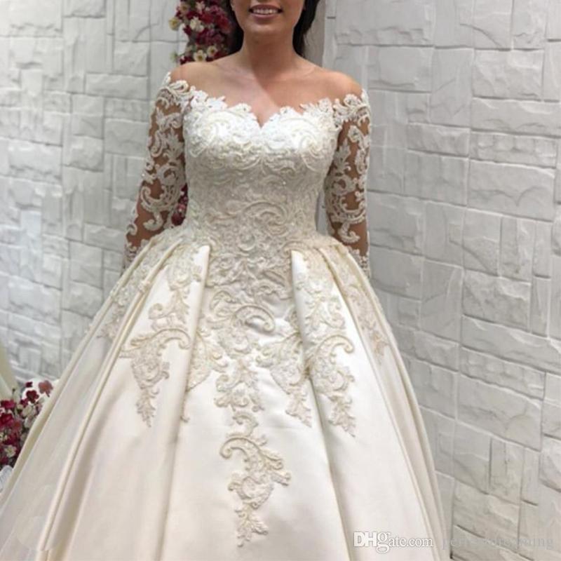 Saudi Arabic Lace Ball Gown Dresses Long Sleeves Off Shoulder Bridal Gowns With Cathedral Train Plus Size Wedding Dress Custom