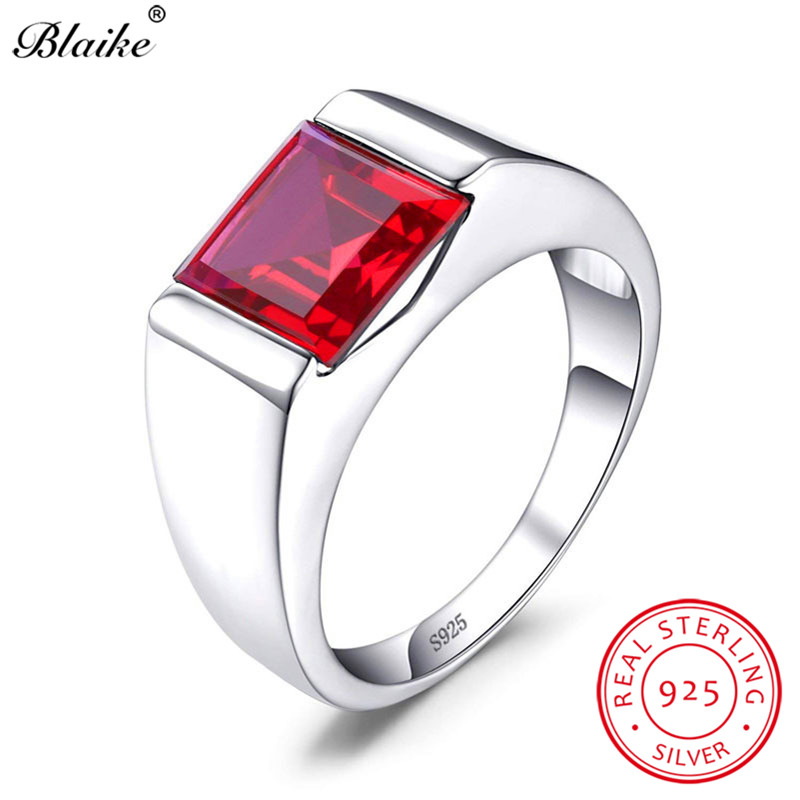 100 Real 925 Sterling Silver Rings For Men Women Square Green Emerald Blue Sapphire Birthstone Wedding Ring Fine Jewelry