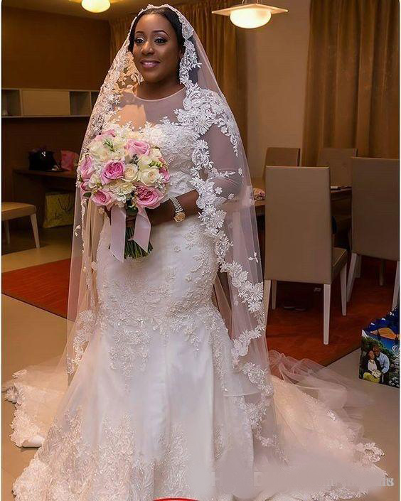 Elegant Plus Size Wedding Gowns Mermaid Long Sleeves Appliques Lace Sheer Mermaid Bridal Dresses Western Maxi Dress For Big Size Brides