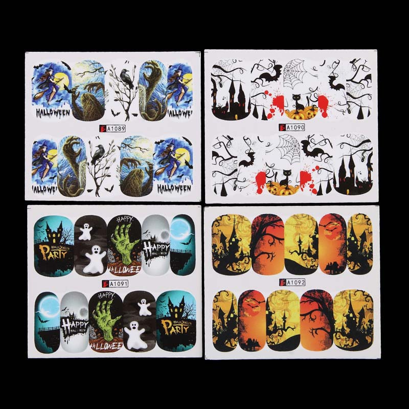 48pcs/lot Xmas Halloween Glue Nail Decals Sticker Water Transfer Nails Art Foils Wraps Gift Bat Skull Christmas Decorations