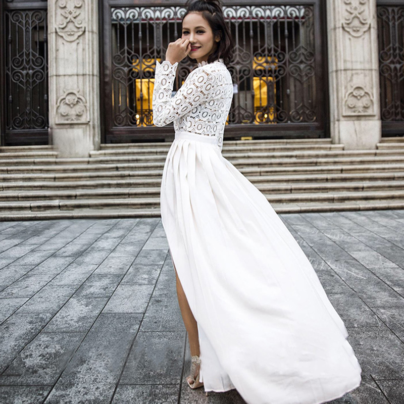 New design womens crochet hollow out lace floral long sleeve high waist patchwork pleated chiffon vent jag long dress