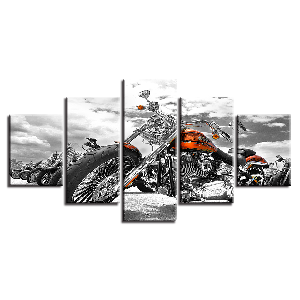 Canvas Pictures Poster Modular Prints Wall Art 5 Pieces Motorcycle Black And White Painting Decor Living Room Or Bedroom(No Frame)