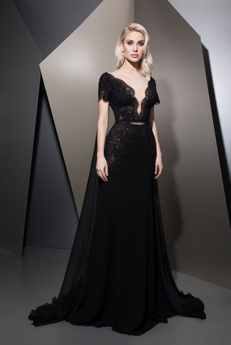 2019 Ziad Nakad Prom Dresses Long With Cape Plunging Neck Lace Formal Evening Gowns Short Sleeves Party Dress For Women