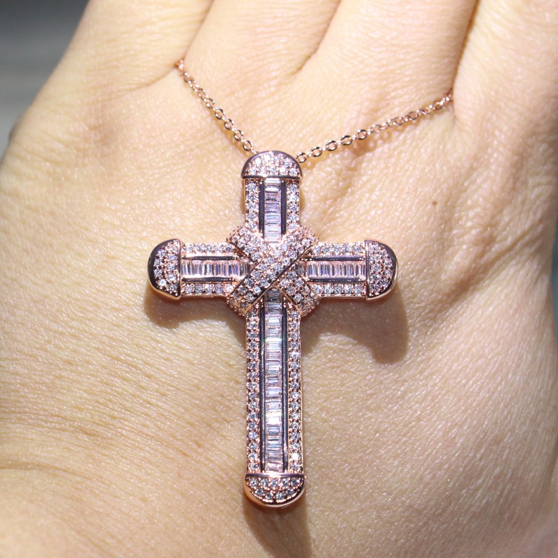 Choucong Unique Luxury Jewelry 925 Sterling Silver&Rose Gold Fill Full Princess Cut White Topaz CZ Diamond Cross Pendant Clavicle Necklace