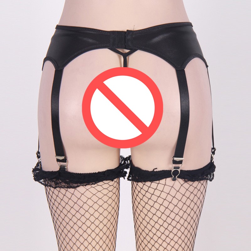 4-Metal Buckles Straps Garter Belt PU Leather and G-string Panty Lingerie Set Women Sexy Suspender Black Faux Leather Belt Plus Size 3XL-6XL