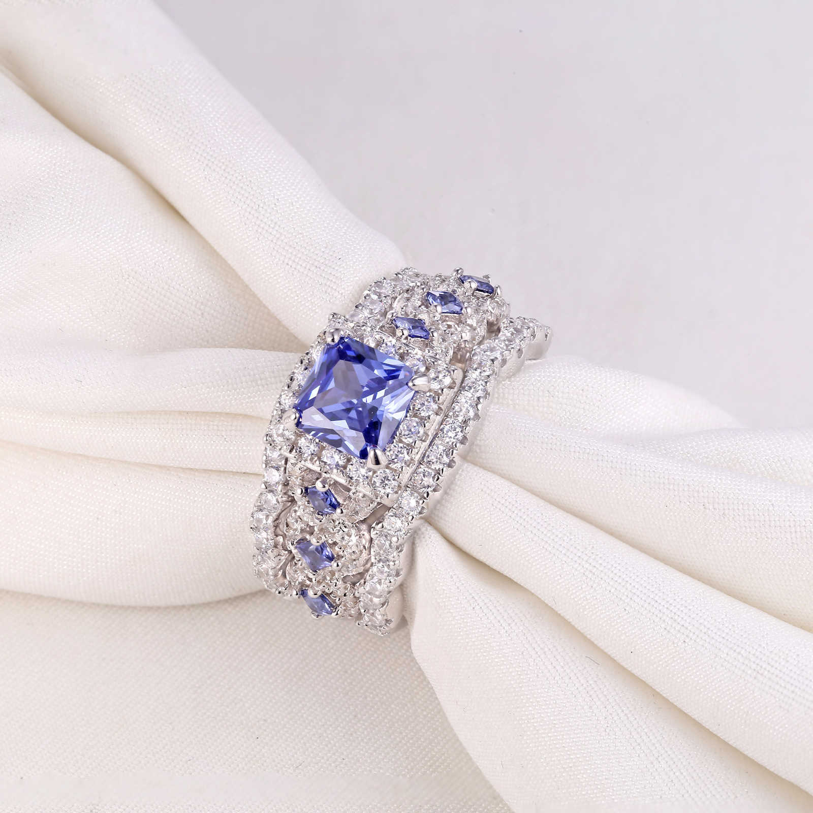 Wuziwen Purple Blue Princess Cut Tanzanite Gemstone Wedding Ring Set For Women Classic Jewelry 3 Pcs 925 Sterling Silver Rings CJ191210