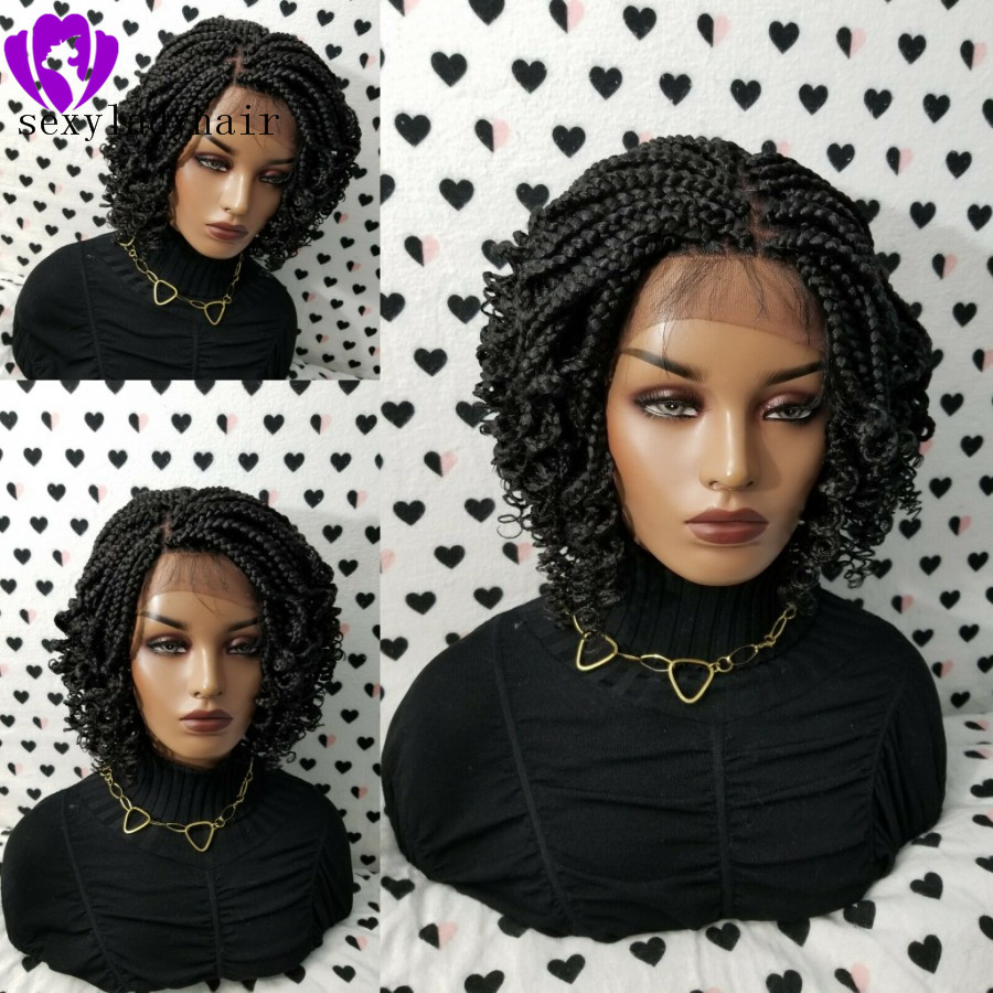 Full Density 14inch Braided Wig black Bob Braids Wig with baby hair 13x4 Lace Frontal short curly Wig for africa women