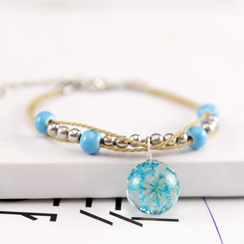 Bracelet of dried flower plant specimens of Chinese wind system, glass ball, dandelion, starry lady and lover's Bracelet 24pcs/lot