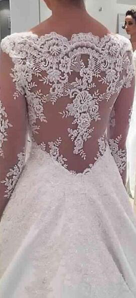 Satin A-line Wedding Dresses Appliqued Lace With Long Sleeves Illusion Back Bridal Gowns Modest Vestido De Novia