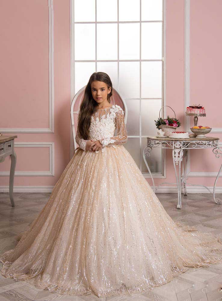 Luxurious BlingBling Flower Girl Dresses Long Sleeves Sheer Neck Little Girl Wedding Dresses Vintage Lace Communion Pageant Dresses Gowns