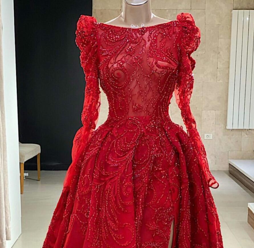 2020 Luxury Evening Dresses Jewel Neck Beaded High Side Split Long Sleeve Prom Dress Sweep Train Custom Made Special Ocassion Gowns
