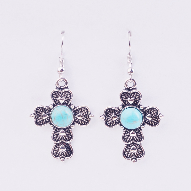 european and american retro pattern cross earrings long paragraph geometric round blue turquoise fashion personality earrings 6 models