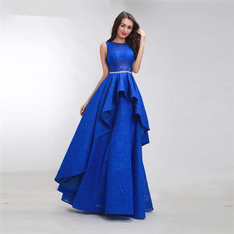 Elegant Royal Blue Lace A Line Prom Dresses Custom Tiered Evening Floor Length Hollow Back Party Gowns Robe De Mariée