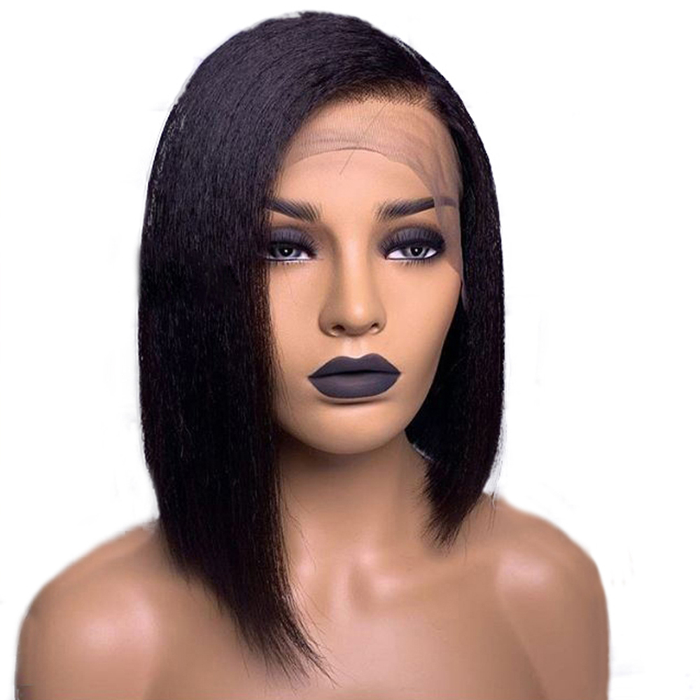 BOB virgin peruvian hair yaki kinky straight lace front wigs for black women baby hair around