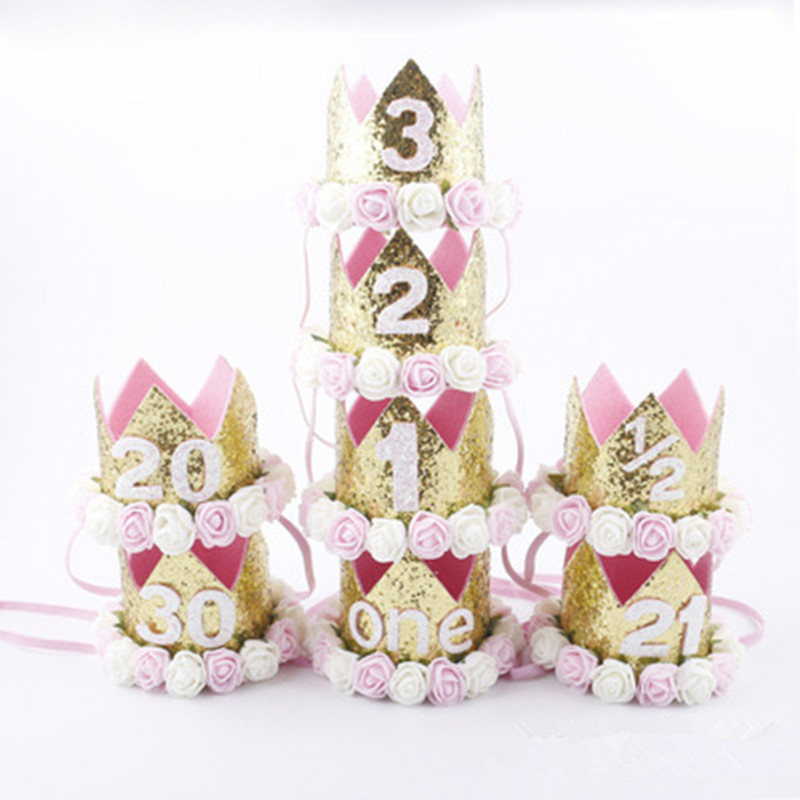 Children Kids Birthday Party Hats Baby Girl Priness Flower Number Crown Cap Party Decorations Kids Favors Headband Baby shower
