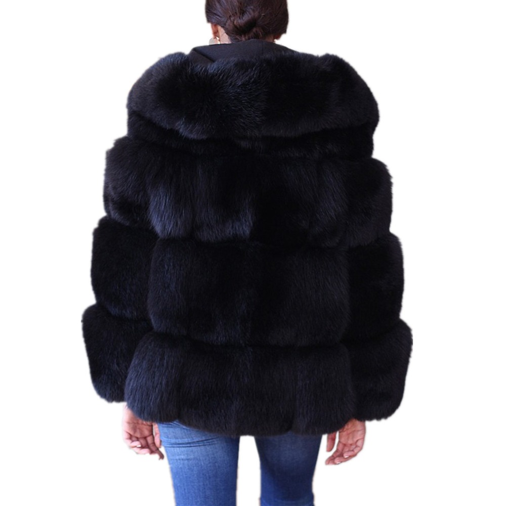 Women's Faux Fur Winter Coat Jacket Long Sleeve V-Neck Warm Outwear With Hood Black B3