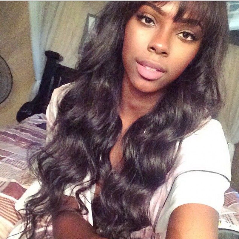 Long natural simulation human hair wig Long body wave black/dark brown /blonde Synthetic Wig For black Women With Flat Bangs