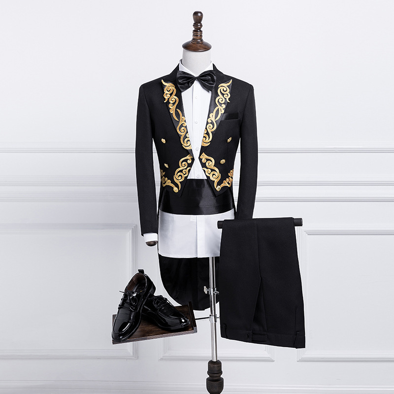 2020 Handsome Mens Designer Suits Appliqued Tailcoat Long Coat 2-Pieces Gentleman Double Breasted Groom Custom Made Best Man Business Suits