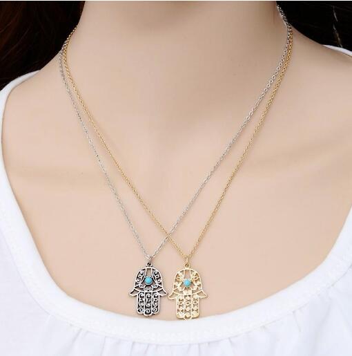 Hot sale Design Luck Hamsa Hand Pendants Necklace Luck Fatima Hand Palm Statement Necklace collares Wholesale Free Shipping WY050
