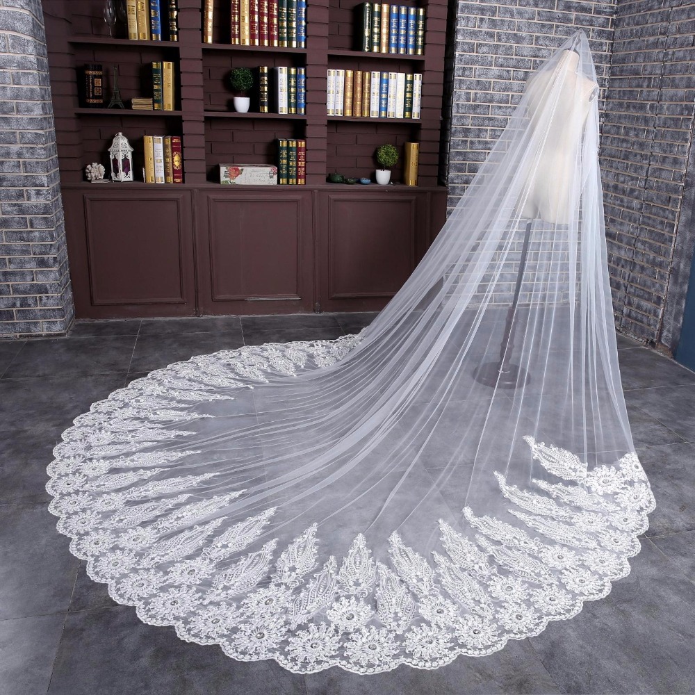 Romantic 1 Tier Wedding Veils 2020 Custom Made Champagne White Ivory Cathedral Length Lace Applique Bridal Veil Top Quality