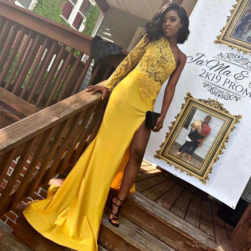 Yellow One Shoulder Side Split Mermaid Prom Dresses Lace Appliques Bead Sequined Satin Black Girls Evening Party Gowns