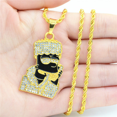 Fashion-Iced Out Quavo Choker Full Rhinestone Cartoon Figure Pendent Necklace Present Bling Rapper Jewelry 2PCS Christmas Gift
